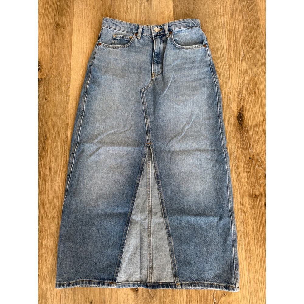 Mango Minimalist Denim Maxi Skirt Women S Blue High Rise Front Slit Cotton Y2K